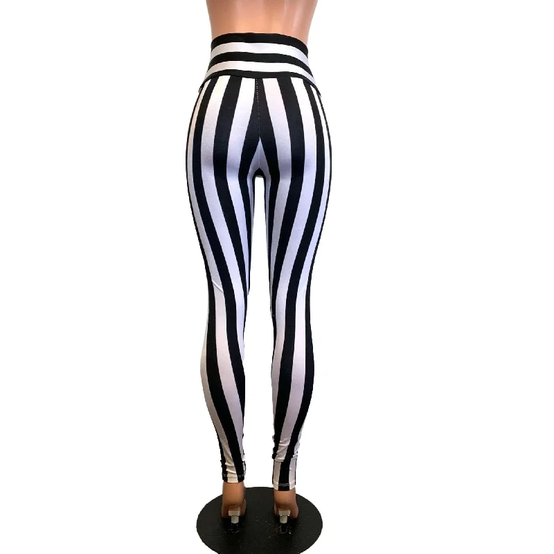 Lace-Up High Waist Leggings - Black & White Striped