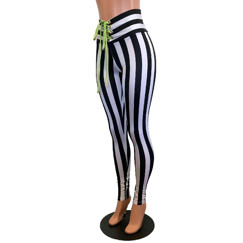 Lace-Up High Waist Leggings - Black & White Striped