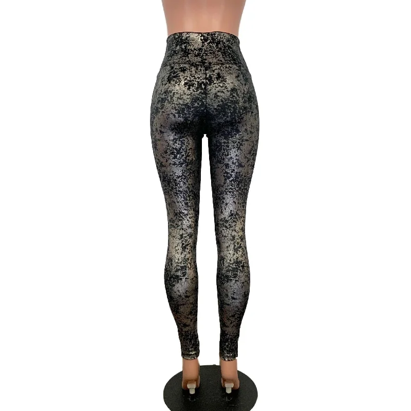 Lace-Up High Waist Leggings - Gunmetal on Black Gilded Velvet