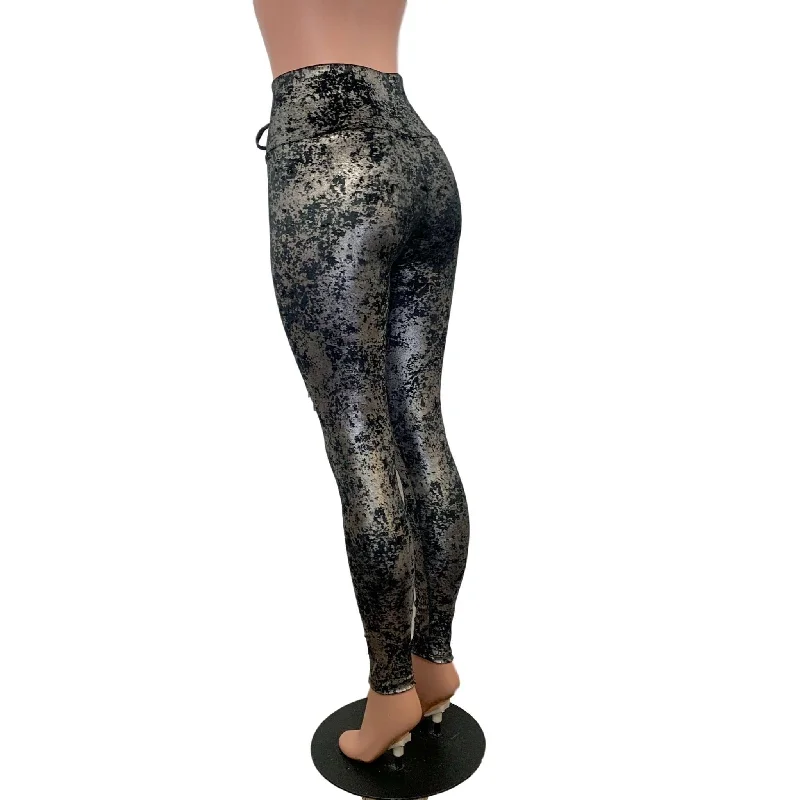 Lace-Up High Waist Leggings - Gunmetal on Black Gilded Velvet