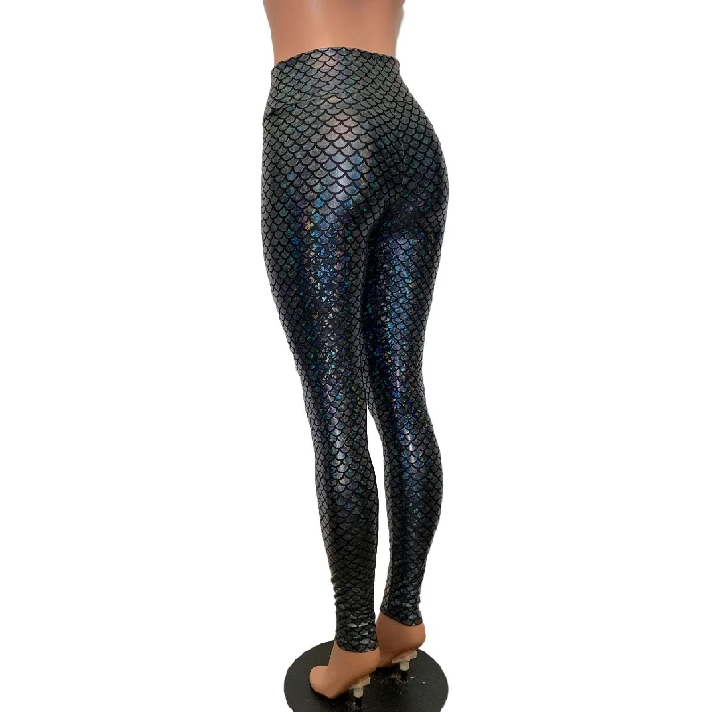 Mermaid Leggings - Black Holographic High Waist Pants