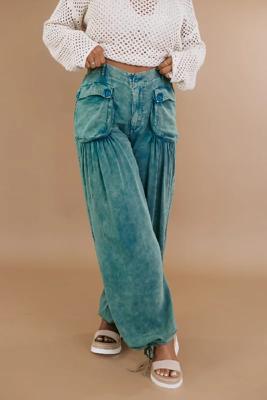 Oli & Hali: Washed Wide Leg Parachute Pants, Teal Green