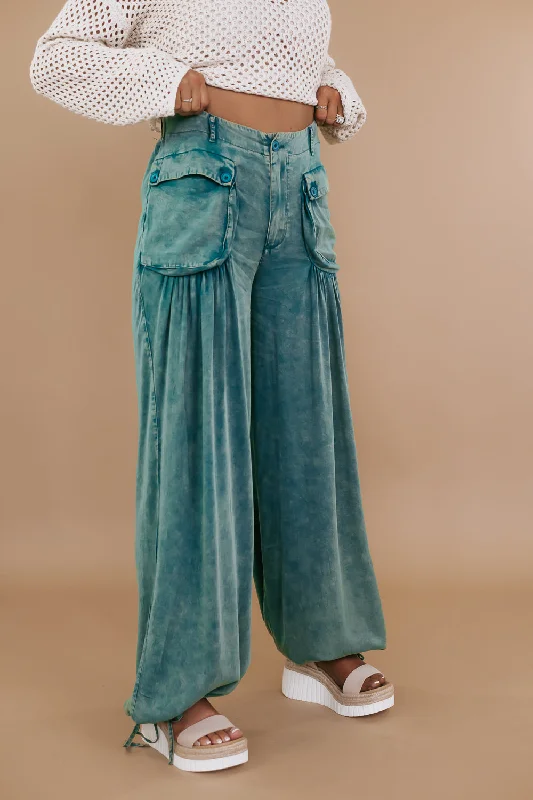 Oli & Hali: Washed Wide Leg Parachute Pants, Teal Green