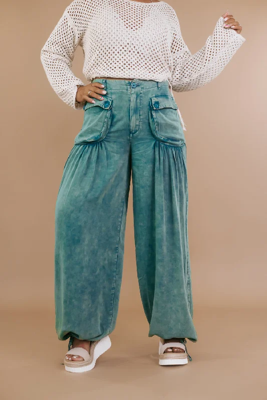 Oli & Hali: Washed Wide Leg Parachute Pants, Teal Green