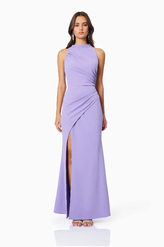 Midi dresses for formal dinners-Jade High Neckline Fitted Maxi Dress In Purple