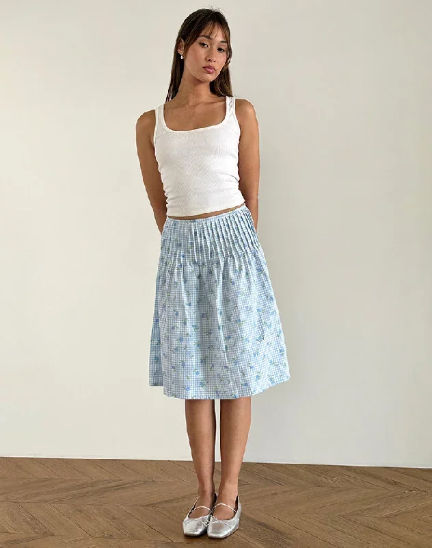 Asada Midi Skirt in Blue Flower Gingham