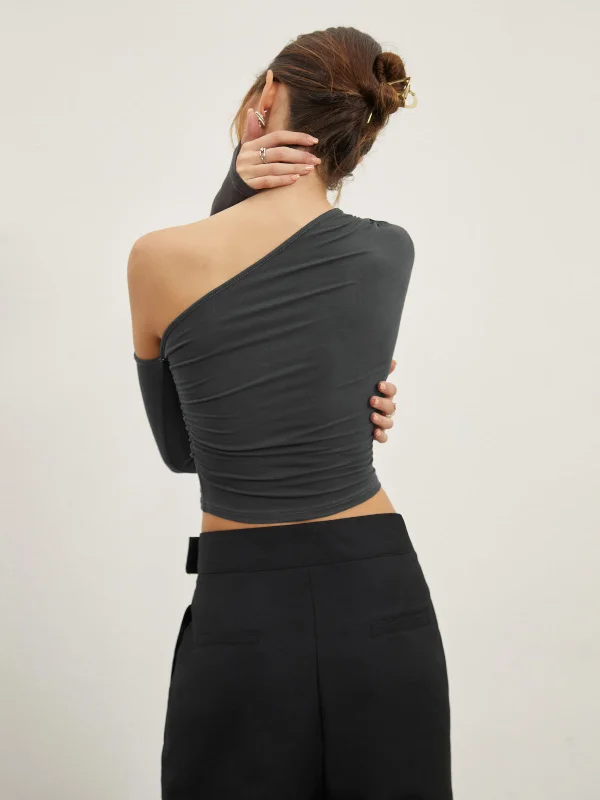 asymmetric-sleeve-ruched-crop-shirt