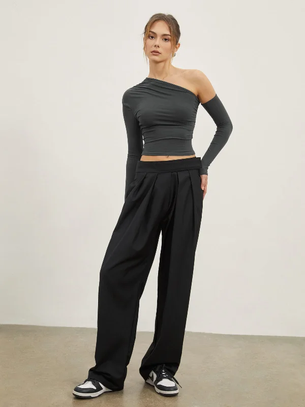 asymmetric-sleeve-ruched-crop-shirt