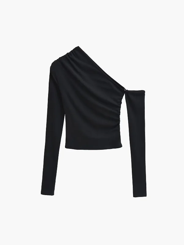 asymmetric-sleeve-ruched-crop-shirt