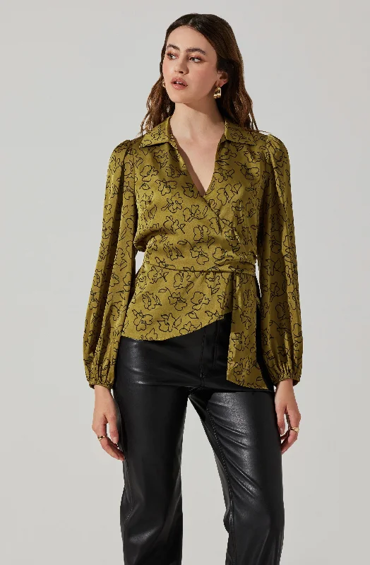 Asymmetrical Collared Floral Wrap Top