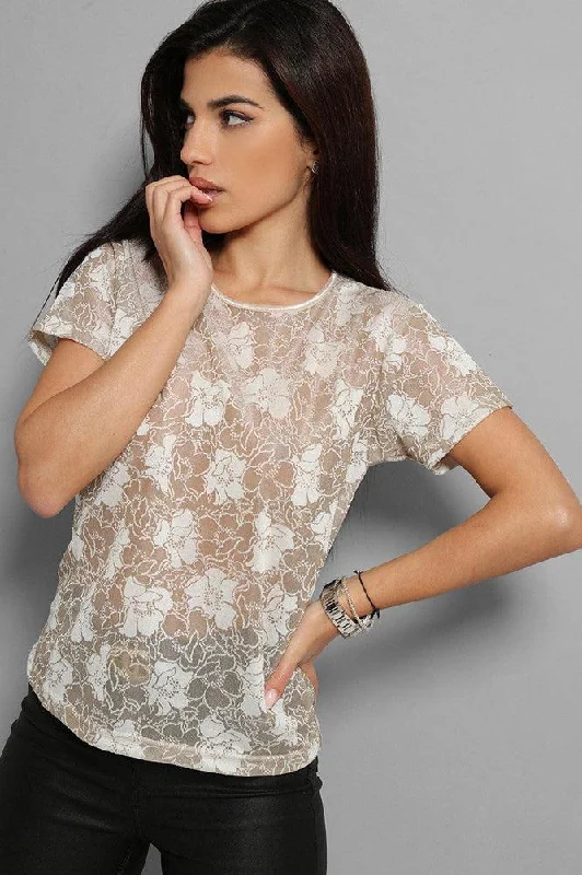 Beige Floral Print Semi Sheer Top