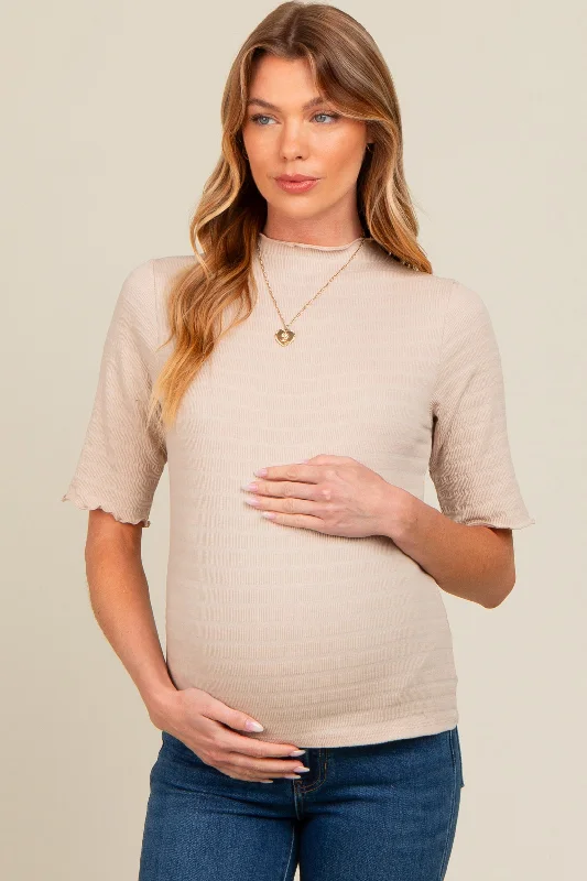 Beige Lettuce Trim Mock Neck Maternity Top