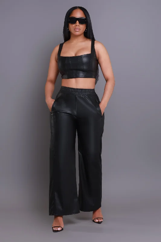 Black Matter Faux Leather Wide Leg Pants - Black