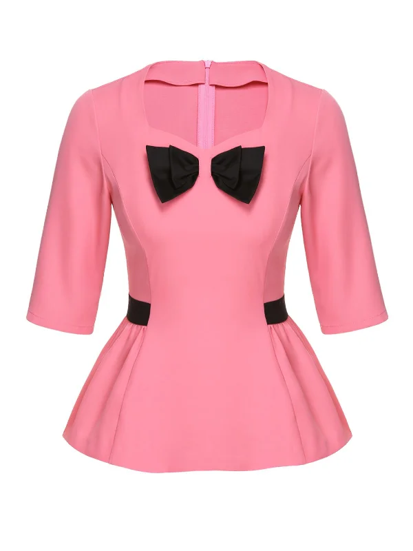 black-pink-1960s-bow-waist-patchwork-top