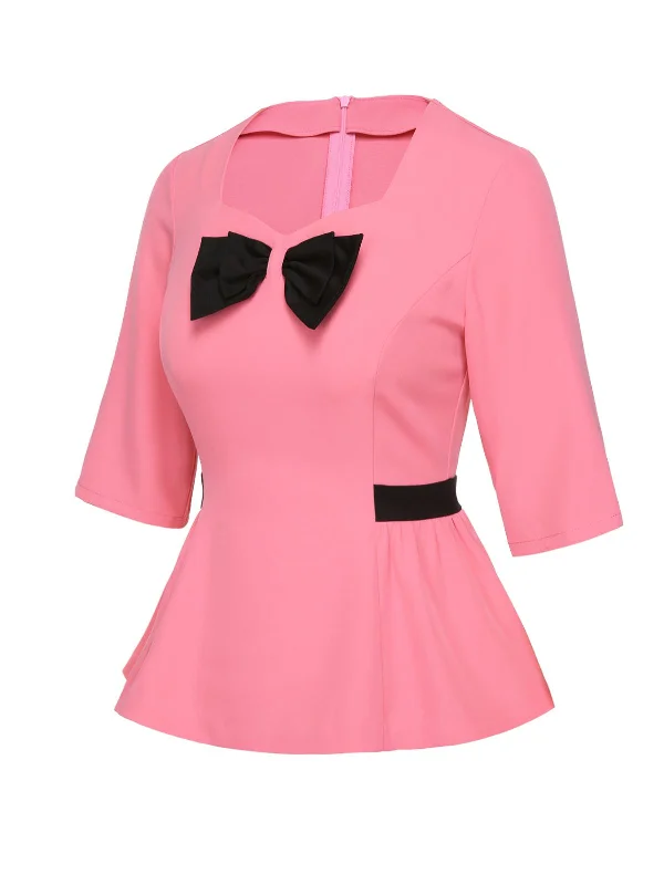 black-pink-1960s-bow-waist-patchwork-top