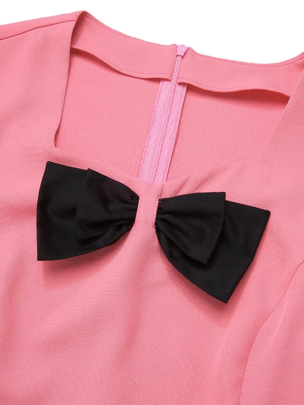 black-pink-1960s-bow-waist-patchwork-top