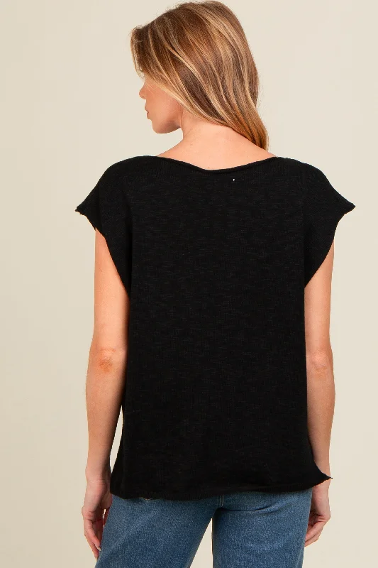 black-two-tone-split-v-neck-dolman-short-sleeve-maternity-top