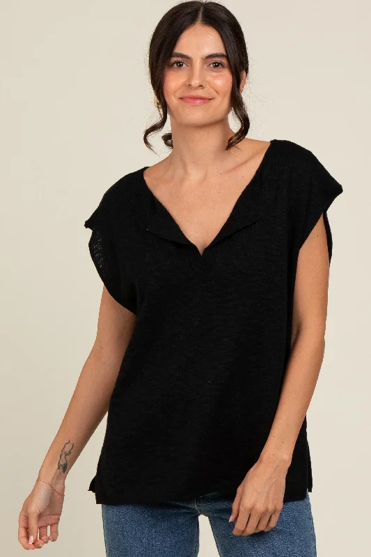 black-two-tone-split-v-neck-dolman-short-sleeve-maternity-top