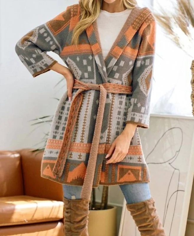 Brenda Aztec Print Hooded Cardigan In Grey