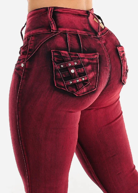 Butt Lift High Waist Skinny Jeans Red Acid Wash