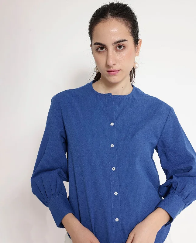 Rareism Women's Chantreyo Blue Cuffed Sleeve Mandarin Collar Button Plain Top