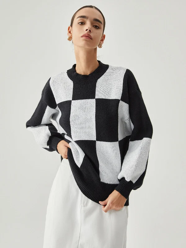 Checkered Contrast Color Crew Neck Sweater