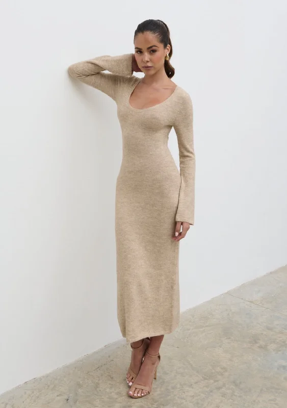 Clara Scoop Neck Knit Dress - Beige