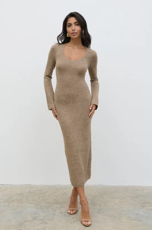 Clara Scoop Neck Knit Dress - Brown