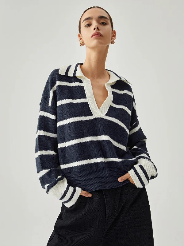 Contrast Trim V-neck Collared Striped Knit Sweater