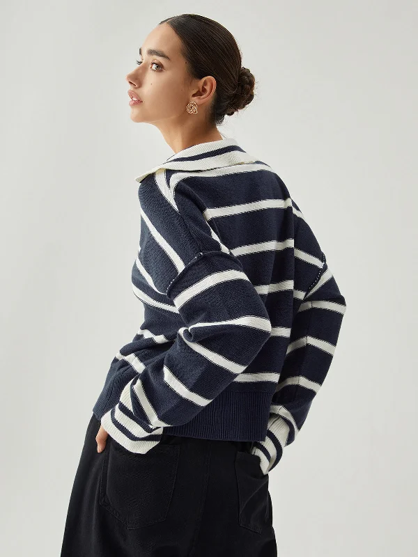 contrast-trim-v-neck-collared-striped-knit-sweater