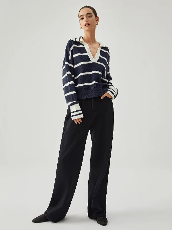 contrast-trim-v-neck-collared-striped-knit-sweater