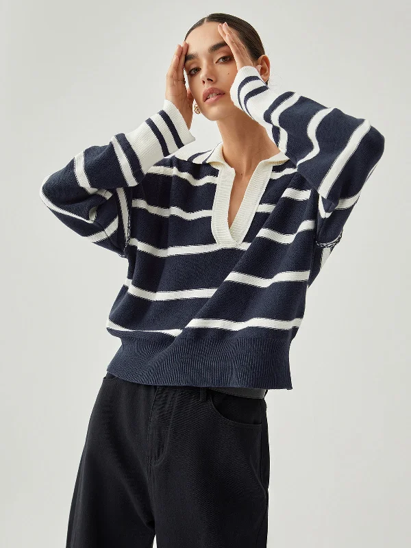 contrast-trim-v-neck-collared-striped-knit-sweater