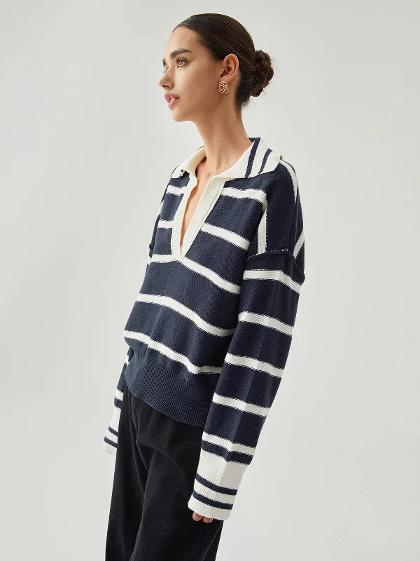 contrast-trim-v-neck-collared-striped-knit-sweater