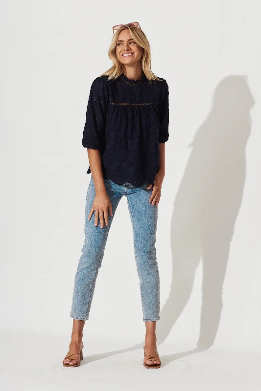 Donia Top In Navy Embroidery Cotton