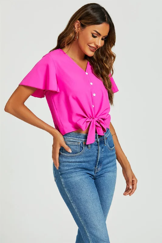 fs-collection-cute-tie-knot-front-buttoned-crop-t-shirt-top-in-fuchsia-pink