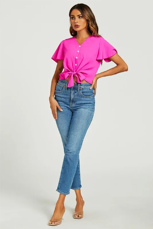 fs-collection-cute-tie-knot-front-buttoned-crop-t-shirt-top-in-fuchsia-pink