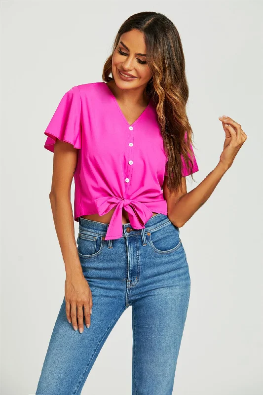 fs-collection-cute-tie-knot-front-buttoned-crop-t-shirt-top-in-fuchsia-pink