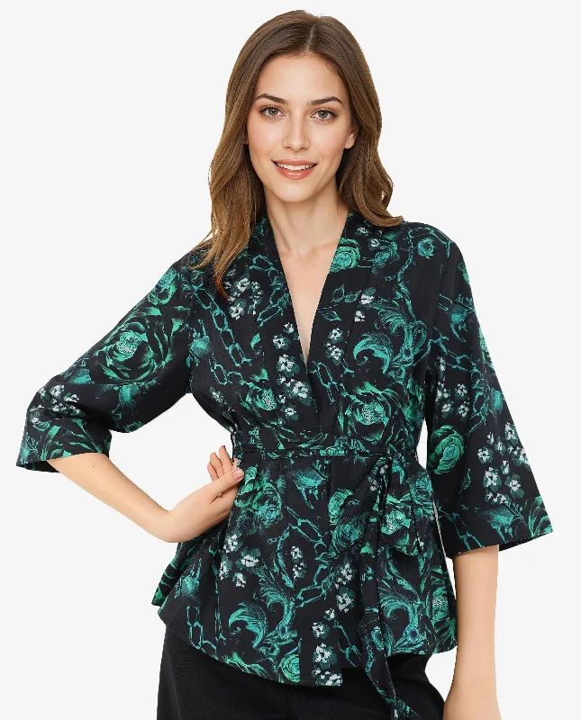 Rareism Women'S Gamo Black 3/4Th Sleeve Over Lap Neck Floral Print Top