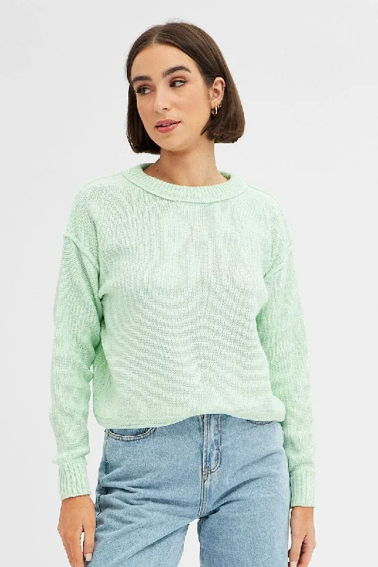 Green Knit Top Long Sleeve Round Neck