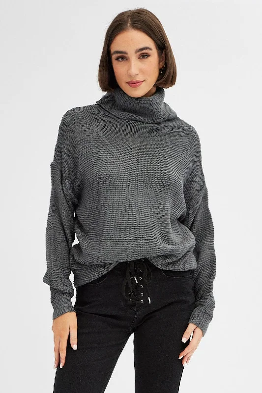 Grey Knit Top Long Sleeve Relaxed Turtleneck