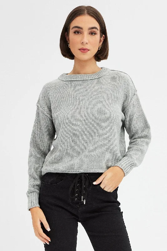 Grey Knit Top Long Sleeve Round Neck