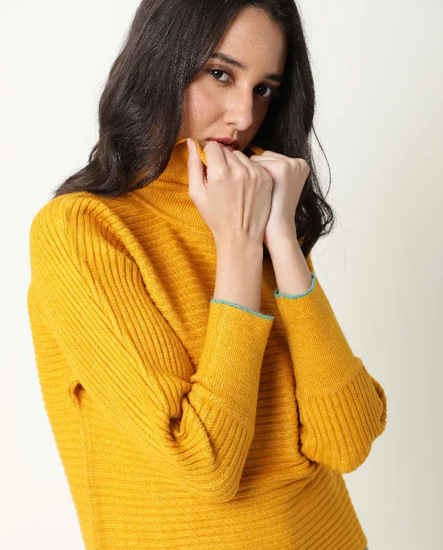 Rareism Women'S Levour Mustard Acrylic Fabric Full Sleeves Relaxed Fit Solid Turtle Neck Sweater