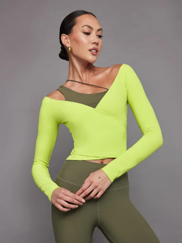 Long Sleeve Wrap Top in Melt - Acid Lime