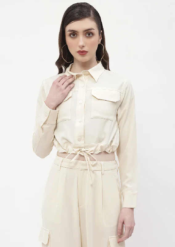 Madame Drawstring Waist Beige Flap Pocket Crop Shirt