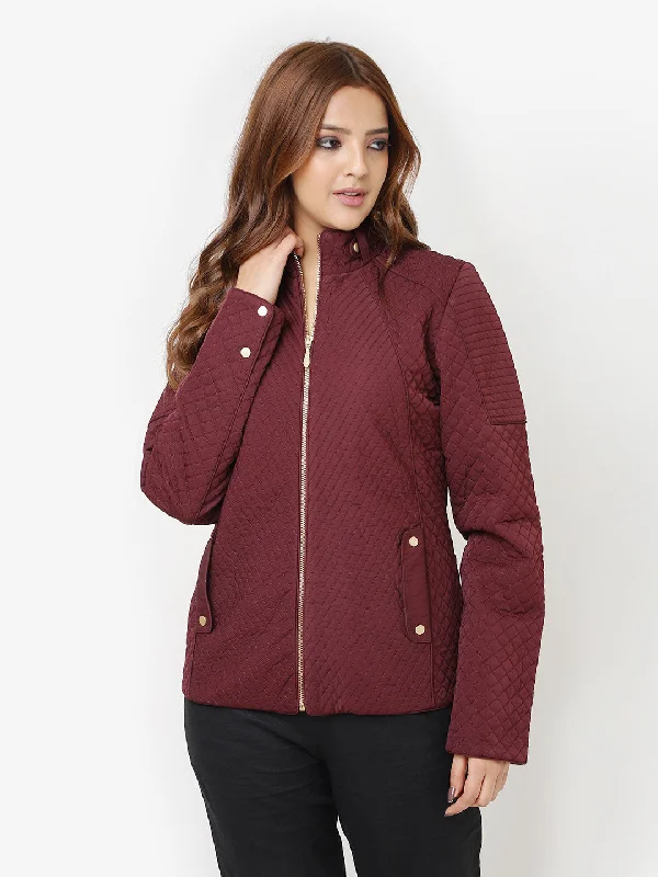 Maroon Quilted High-neck Jacket for Women