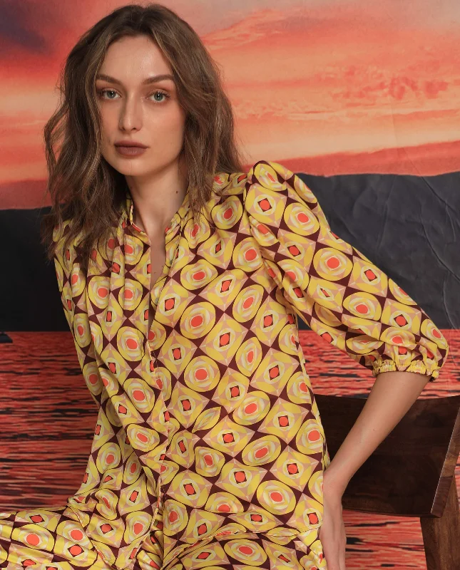 Rareism Women'S Mason Yellow Polyester Fabric 3/4Th Sleeves Mandarin Collar Balloon Sleeve Regular Fit Geometric Print Top