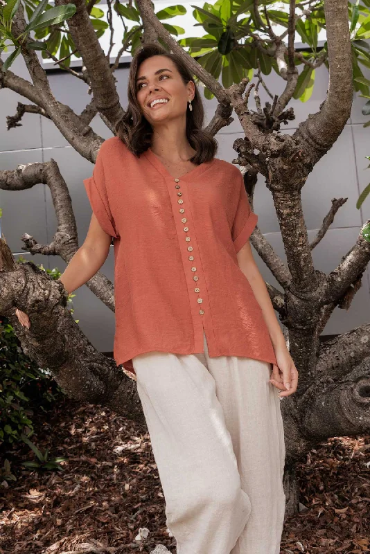 Miray Rust Cotton Blend Button Top