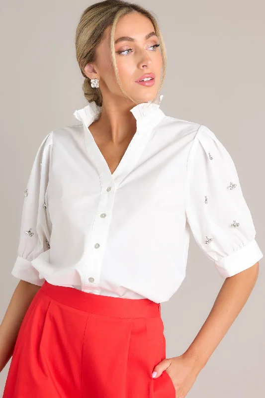 Moonlight Shine White Embellished Button Front Top