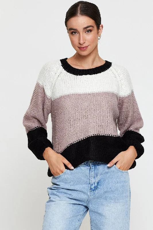 Multi Knit Top Long Sleeve Relaxed Colour Block