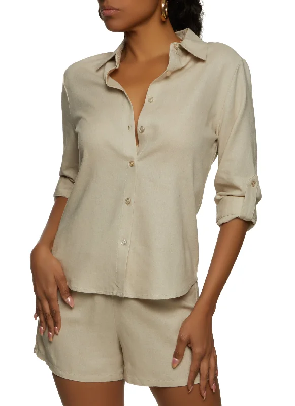 Linen Tabbed Sleeve Button Front Shirt